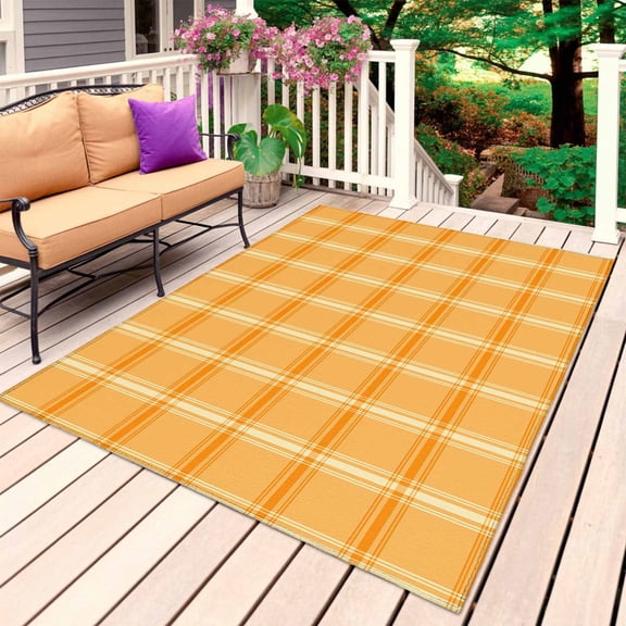 Orange Yellow Check Outdoor Rug for Patio/Deck/Porch, Non-Slip Large Area Rug 3 x 5 Ft, Fall Farmhouse Buffalo Plaid Indoor Outdoor Rugs Washable Area Rugs, Reversible Camping Rug Carpet Runner