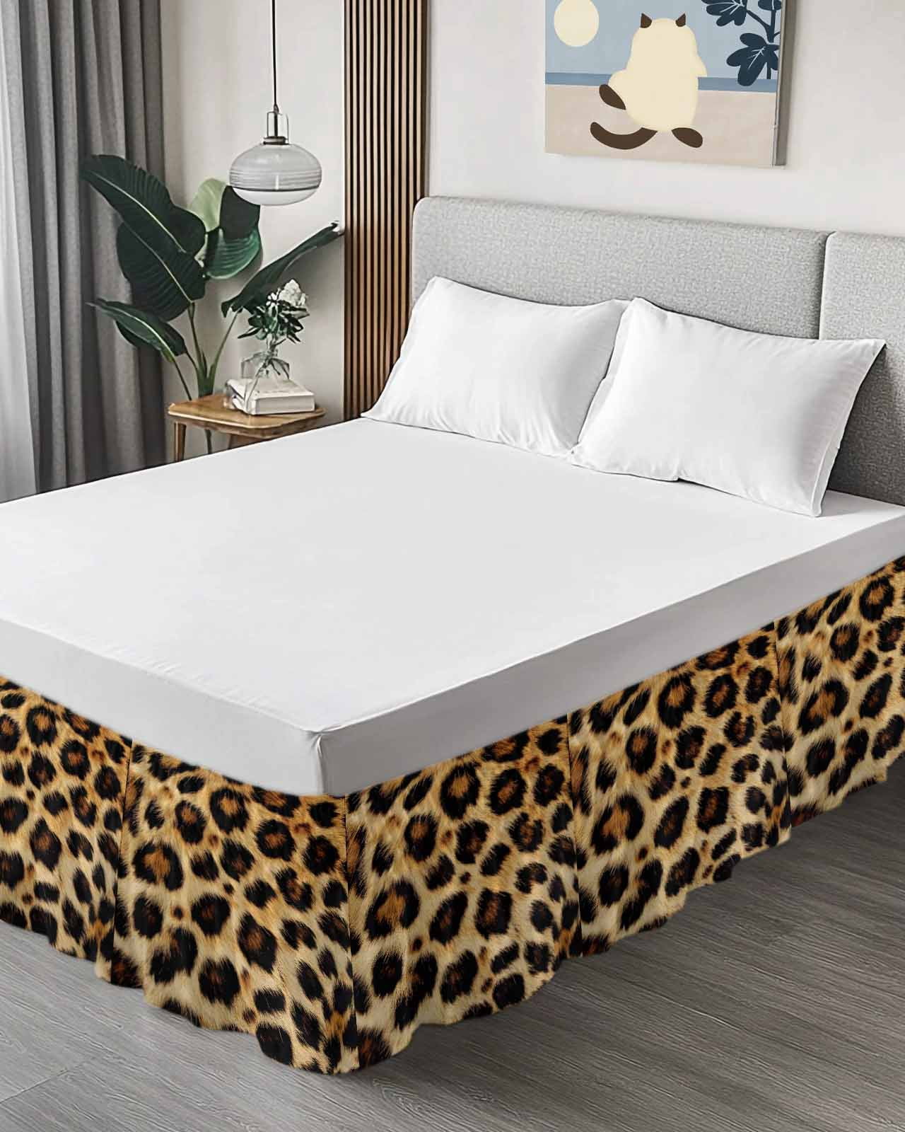Fashion Wild Style Bed Skirt King Size 18" Drop Vintage Brown Leopard Print Ruffled Wrap Around Bed Skirts Adjustable Elastic Bedskirt Dust Ruffle for King Size Bed