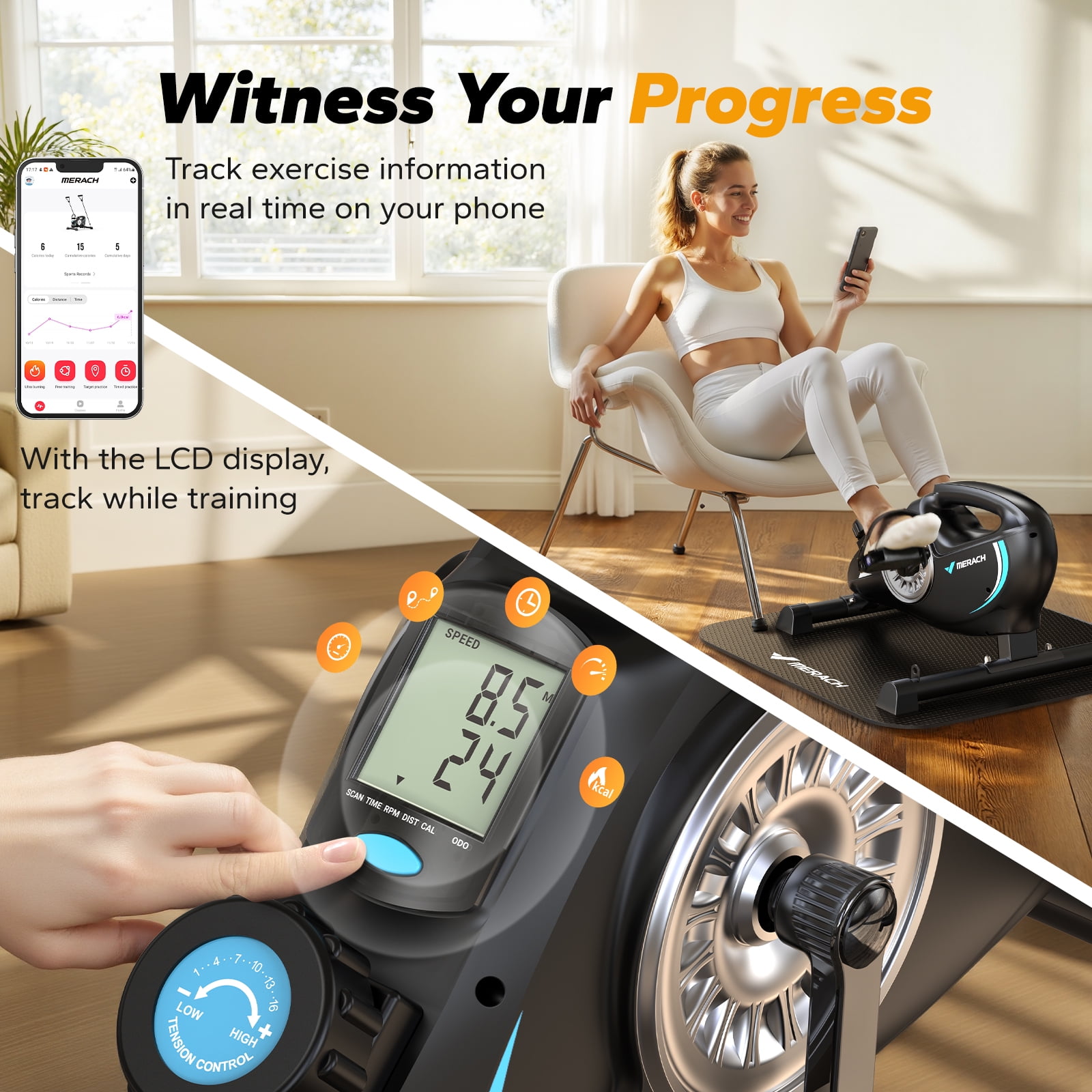 MERACH Under Desk Bike Pedal Exerciser Indoor Silent Elliptical Machine for Legs and Arms Mini Foot Pedal Exercise Bike with Free App,Non-Slip Mat,2 Resistance Bands