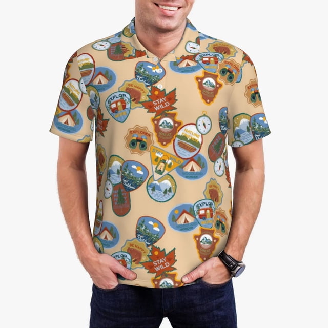 Balery Camp Badge Camisa Polo de Hombre con Estampado, de Manga Corta y Tejido Medio, Camisa Tipo Golf Polo-X-Large