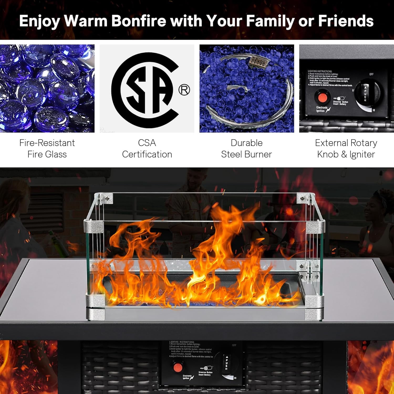 28" Propane Fire Pit Table, 50,000 BTU Steel Gas Firepit, Rectangular Fire Pits with Cover, CSA Certified, Pulse Ignition,Glass Stone,Wind Guard, Ideal for Outdoor Patio,Dining-Black