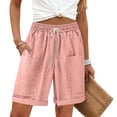 thumbnail image 5 of Endives Womens Linen Short Elastic Waist Solid Color Knee Length Casual Loose Rolled Up Shorts Beach Shorts, 5 of 7