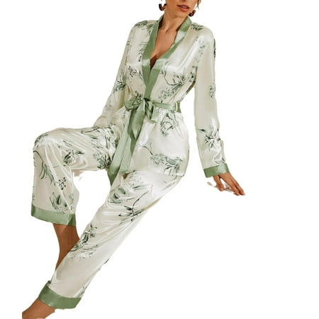 

2pcs Set Elegant Floral Print V neck Long Sleeve Women s Pajama Sets (Women s)