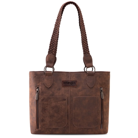Wrangler Distressed Tote Bag for Women Western Purse Multi Pockets Handbags and Shoulder Bag, Coffee