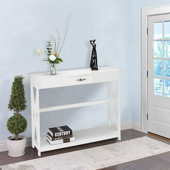Bonnlo White Entryway Console Table with Drawer and Shelf, Entryway Table with Storage, Narrow Entryway Table, Slim Farmhouse Sofa Tables for Living Room, Hallways, Foyer, 39.4”W x 11.8”D x 31.7”H