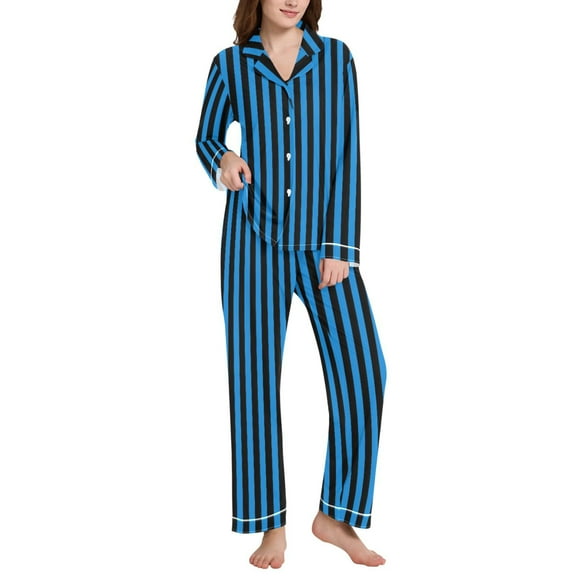 joogoo Pajamas Set for Women Blue and Black Stripes Long Sleeve Pjs Loungewear L