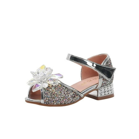 

Xavaria Kids Flower Girls Child Low Block Heel Crystal Party Wedding Princess Shoes Peep Toe Sequin Prom Sandals