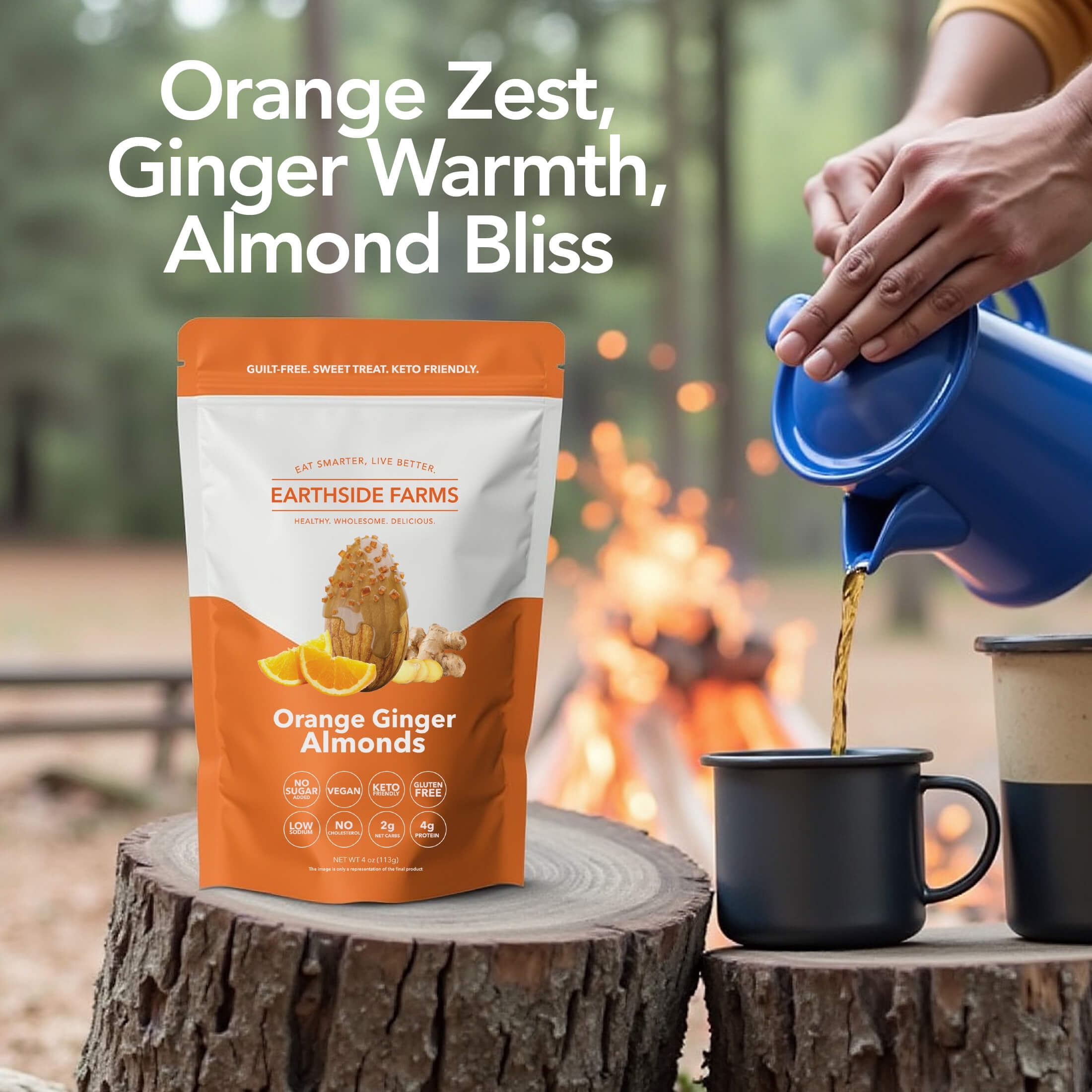 Earthside Farms Orange Ginger Almonds 4oz (3 Pack), Healthy Snack, Keto-Friendly, Vegan, Gluten Free, No Added Sugar, Non-GMO, Guilt-Free Snack, Clean Ingredients, Snack Packs