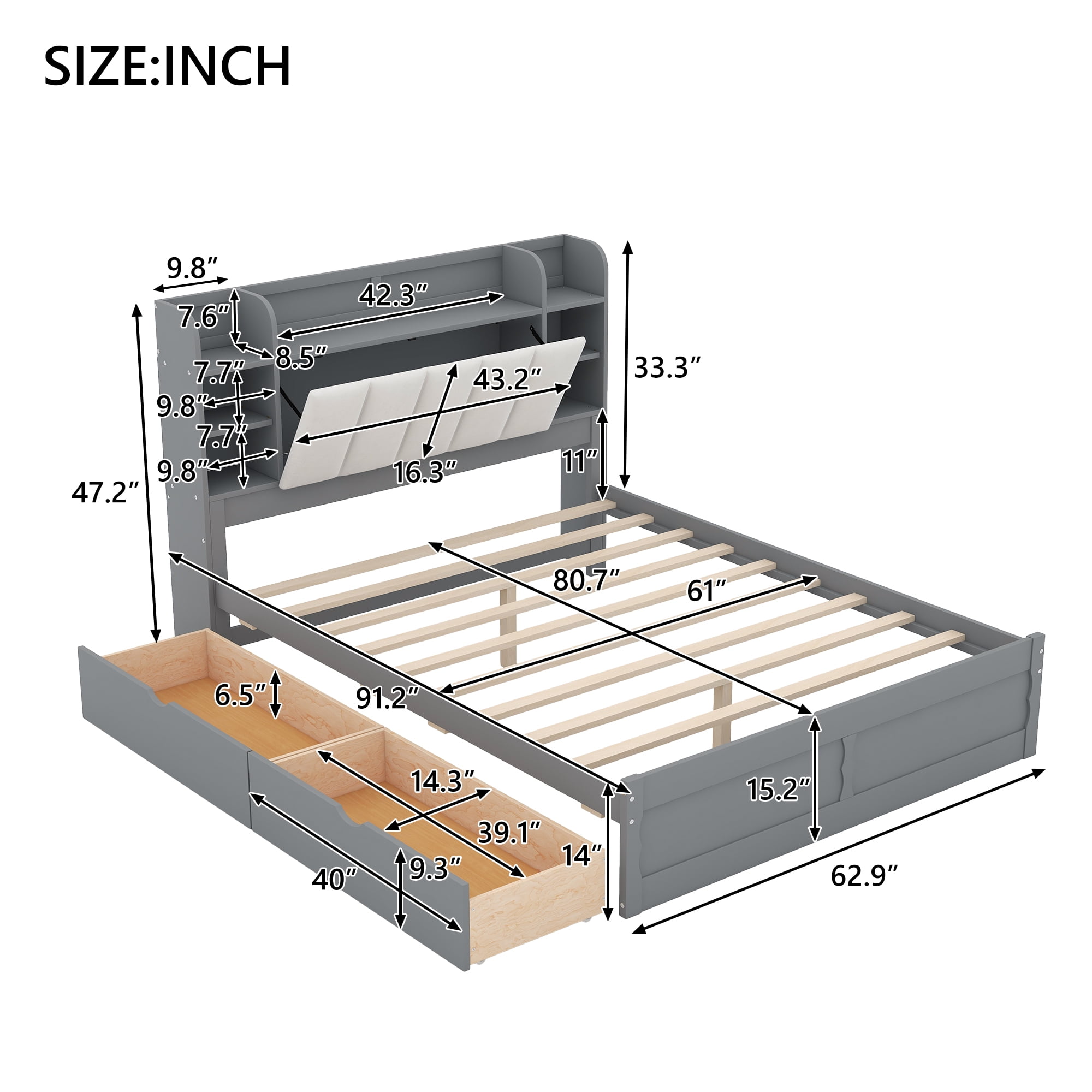 Euroco Wood Queen Size Platform Bed with Storage Headboard and 2 Drawers for Kids and Adults Bedroom, Gray