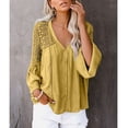 thumbnail image 2 of Camisa informal de ganchillo para mujer, cuello en V, mangas largas acampanadas, blusa holgada informal transpirable respetuosa con la piel para uso diario, 2 of 6