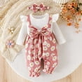 thumbnail image 2 of DHFJKG Baby Girls Winter Clothes Jumpsuit Ribbed Long Sleeve Floral Print Bowknot Onesie With Hairband 2 Piece Outfit Soft For Lovely One-Pieces, 2 of 7