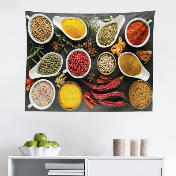 Spice Tapestry, Cooking Additives and Kitchen Needs Bowls of Traditional Seasoning Elements Top View, Fabric Wall Hanging Decor for Bedroom Living Room Dorm, 2 Sizes, Multicolor, by Ambesonne