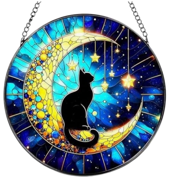 SUYOLL Round Black Cat Stained Glass Puzzle Acrylic Suncatcher Jigsaw Hanging Ornament Geometric Shaped For Window Or Wall