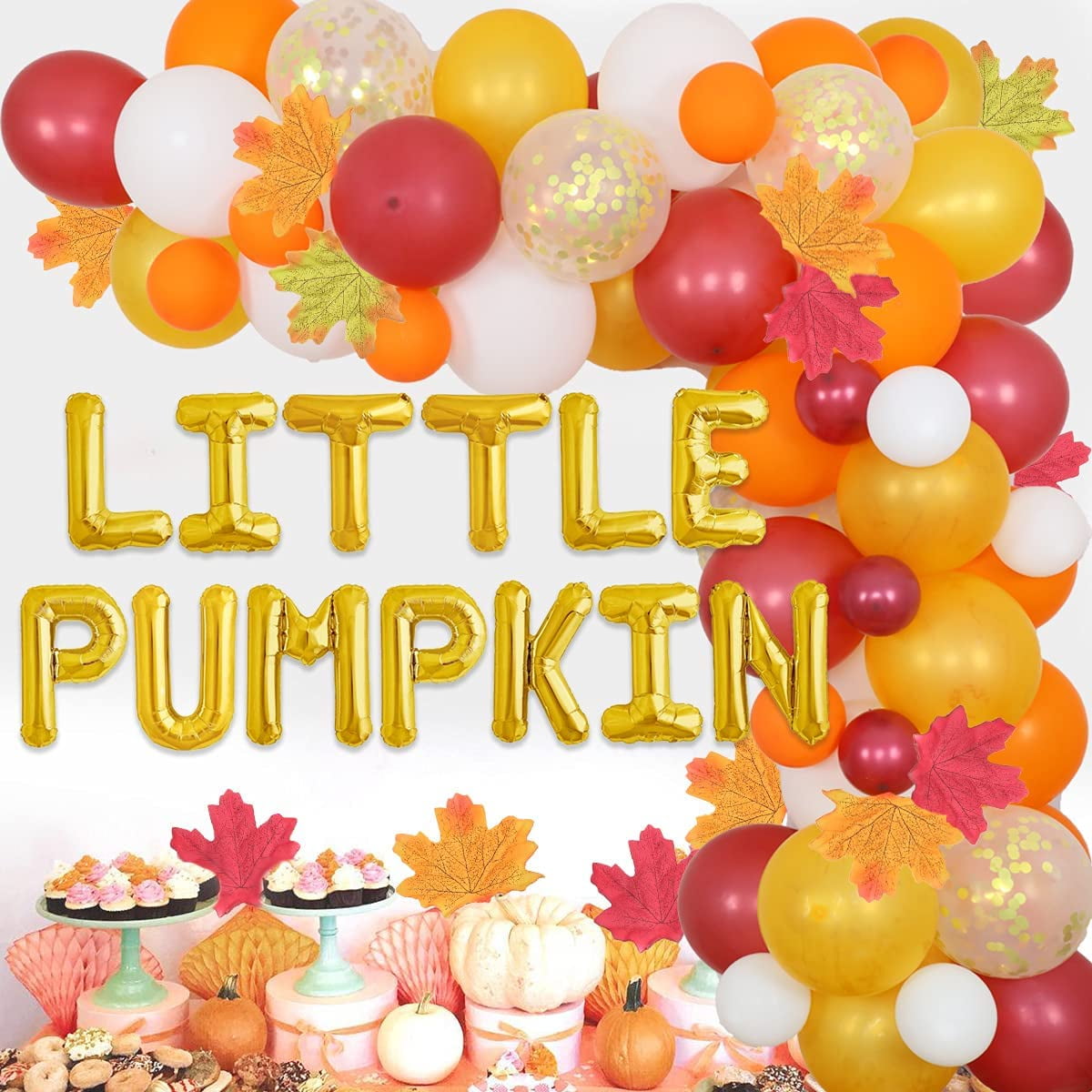 Little Pumpkin Baby Shower Decorations for Girls Boys, Thanksgiving Autumn Balloon Garland Arch Kit with Artificial Maple Leaves, Fall Harvest Party Decorations for 1st 2nd 3rd Birthday