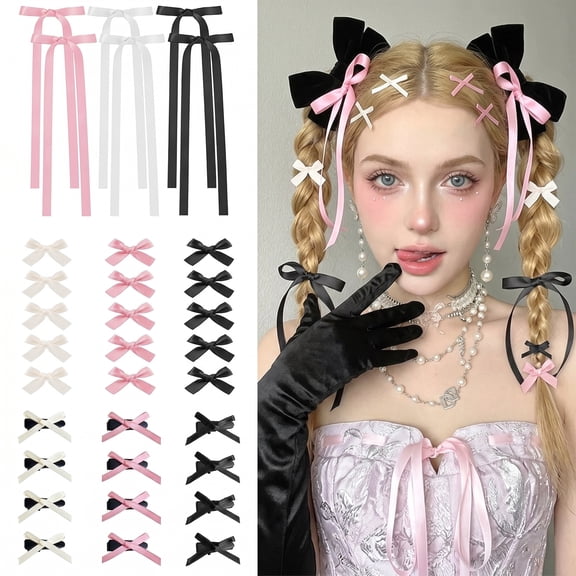Zzjniupiyyds 33Pcs Mini Hair Bows for Girls & Women, 3 Styles, Black White Pink, Small Alligator Clips with Long Tail Ribbon Hair Accessories