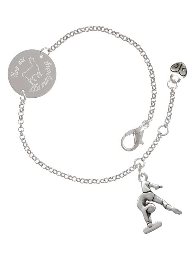Gymnast Silhouette in 1/2 Disc Custom Year Stainless Steel Heart Bead Charm
