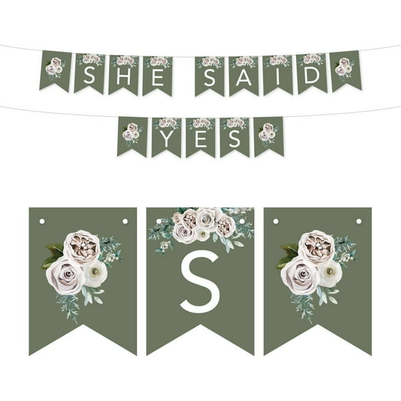 Koyal Wholeslae Sage Green|Cream Floral Blossoms Fall Wedding, Hanging Pennant Party Banner with String, She Said Yes