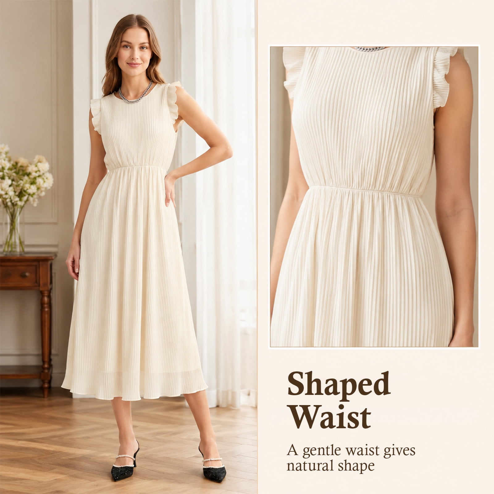 Alvantor Women's Ruffle Sleeve Midi Dress with Pleated Overlay, Ivory