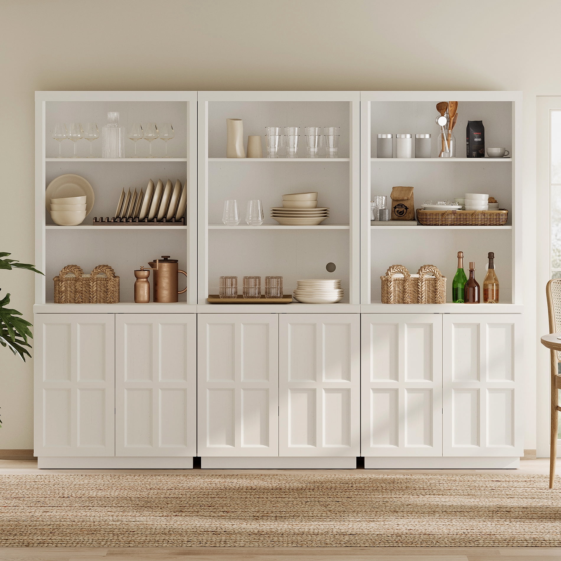 HOMOOI 3-in-1 Freestanding Pantry Cabinet, Boho Rustic Hutch with Open Display Shelves & Adjustable Inner Shelves, Anti-Wobble Wooden Storage Organizer for Kitchen, Dining Room, Entryway,White