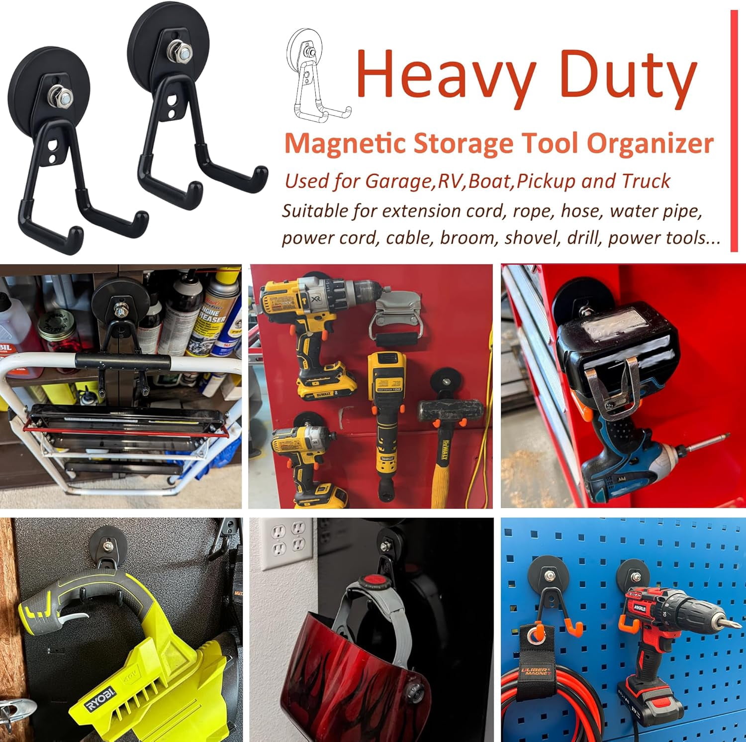 ZHZFKQ Heavy Duty Magnetic Garage Hooks, 4 Pack Strong Large Magnet Hook for Power Drill, Garden Tools, Hose, Pegboard, Garage, Workshop, Magnetic Storage Hooks for Indoor Outdoor Hanging (Black)