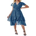 thumbnail image 2 of POINTERTECK Femmes Boho Manches Courtes V Robe de Cou Casual Ruffle Wrap Swing Plage Robe d'Été Mousseline de Soie Partie Midi Robe avec Ceinture, 2 of 5