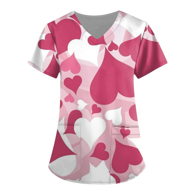 TIMIFIS Haut de Sarrau Rouge Femme Imprimé Manches Courtes Col en V Hauts Uniforme de Travail Impression Blouse à Poche Hauts avec Poches-Rouge - Printemps