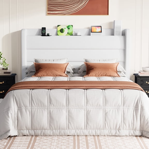 Frostbloom Queen Bed Frame with USB & Type-C Charging Station and Velvet Wingback Headboard, White