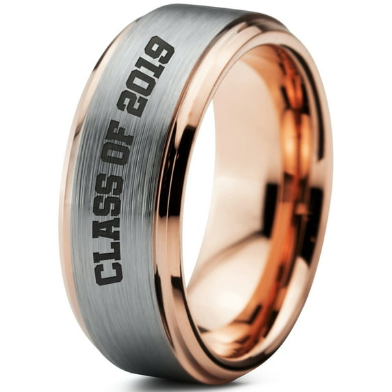 Tungsten Graduating Class Of 2019 Band Ring 8mm Men Women Comfort Fit 18k Rose Gold Step Bevel Edge Brushed Polished