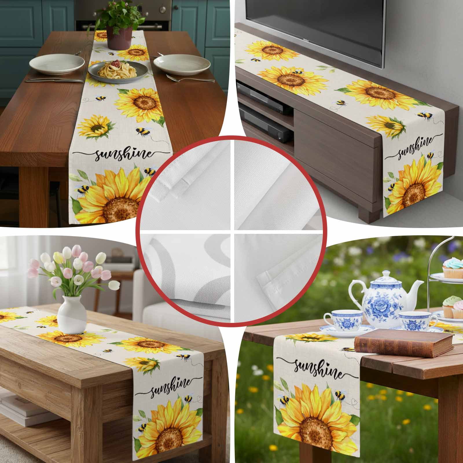 Sunflower Bee Leaves on Linen Table Runner 90 Inches Long, Summer Sunshine Quote Table Runners Tabletop Scarf Kitchen Dining Tables Decoration for Home Party Indoor Outdoor