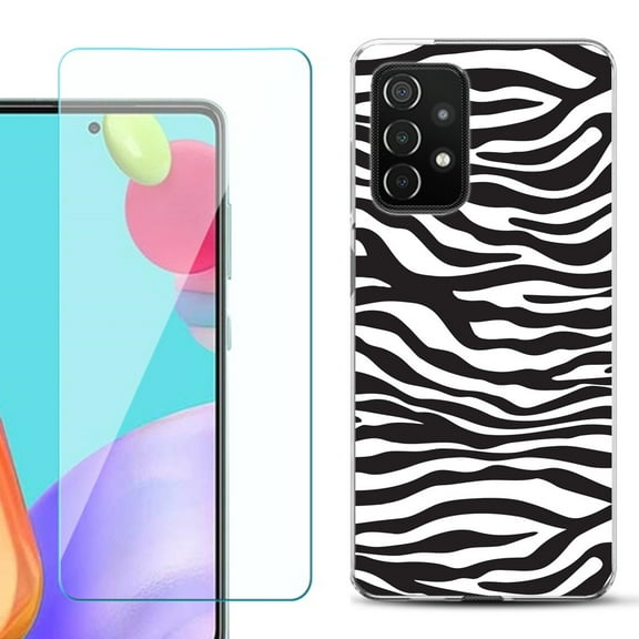 Slim-Fit Flexible Gel TPU Phone Case compatible with Samsung Galaxy A52 5G, with Tempered Glass Screen Protector, by OneToughShield ® - Zebra B/W