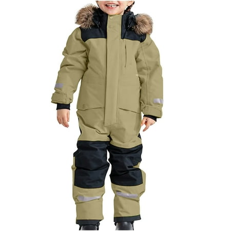 Penkiiy Snow Suit for Kids One Piece Snowsuits Overalls Ski Suits Waterproof Winter Jumpsuit Warm Jackets with Hood 14-15 Year Khaki