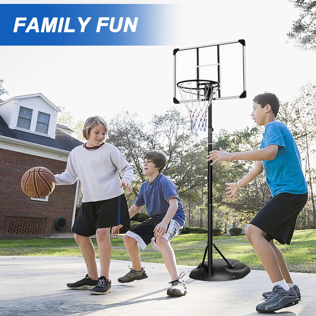 Adjustable Height Junior Basketball Hoop (7.5-9.2ft) - Indoor/Outdoor Portable Kids Basketball Goal with Sturdy Steel Pole & 77LBS Water/Sand Base Transparent