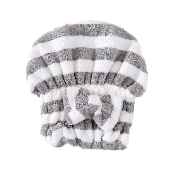 Gray Striped Bowknot Coral Fleece Hair Drying Cap - Super Absorbent Quick-Dry Thickened No-Blow Dry Hair Turban - Women Girls Princess Style Bath Shower Hair Drying Towel Wrap