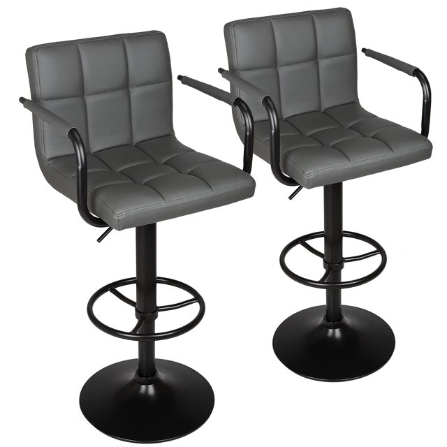 Leopard Adjustable Bar Stools with Armrest, Square Back Swivel Double Stitching with Back Bar Stool, Set of 2 (Grey + Black Base)