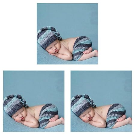 

3pcs Blue Elastic Breathable Handmade Crochet Knitted Newborn Baby Photography Outfits Photo Prop
