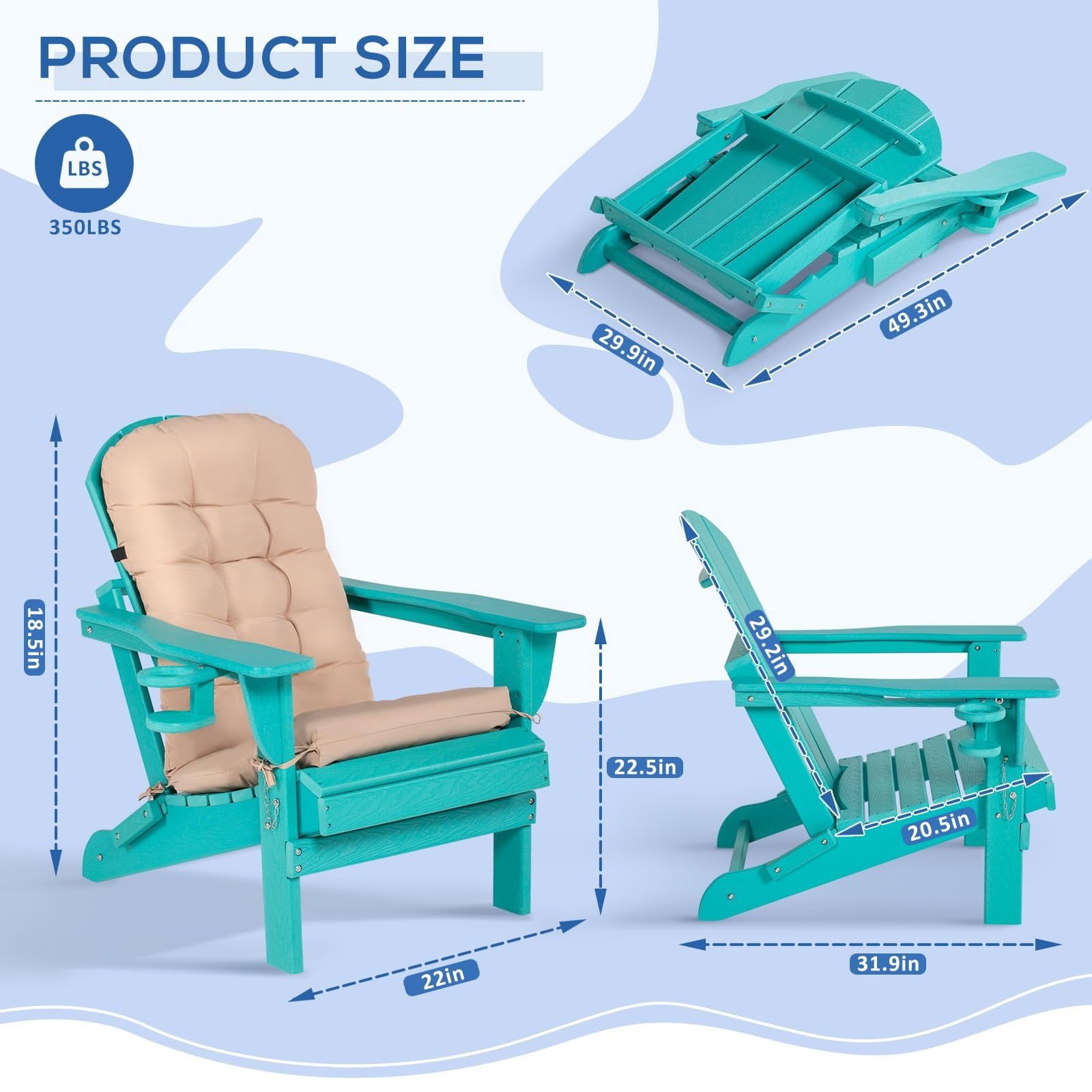 Nalone Adirondack Chair with Table, Cushion & Cup Holder, HDPE Folding Adirondack Chair with Wood-Like Grain Outdoor Fire Pit Chairs for Patio/Porch/Swimming Pool/Camping(Aruba)