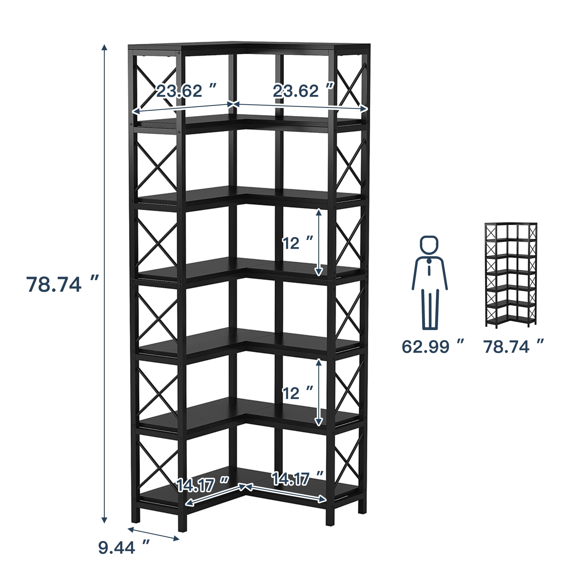 Demi Bonn 7 Tier Corner Bookshelf, Bookshelves, Open Etagere Bookcase Shelf Storage Organizer, Storage Shelving Unit for Bedroom, Living Room and Home Office, Black
