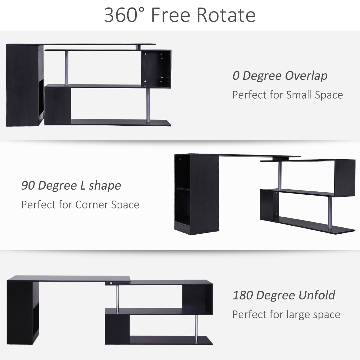 HomCom 55" 360° Rotating Corner Computer Desk Modern L-Shaped Home Office Workstation with 3-Tier Storage Shelves, Bookshelf, Black