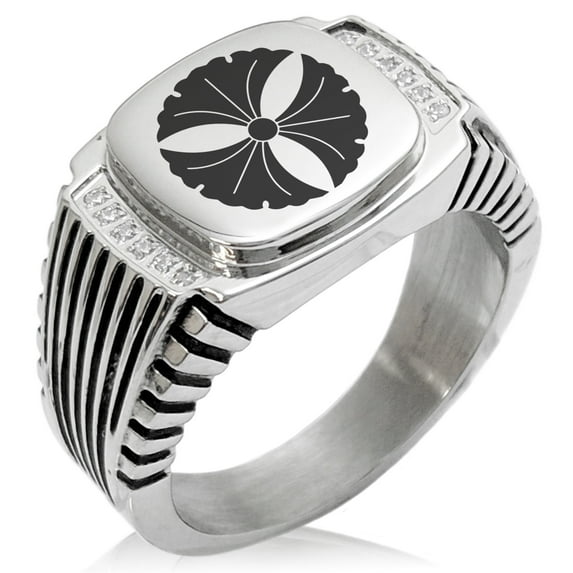 Stainless Steel Tree Ginkgo Leaves Kamon Crest CZ Ribbed Needle Stripe Pattern Biker Style Polished Ring