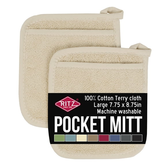 RITZ Terry Pocket Mitt Pot Holder, Set of Two, Latte