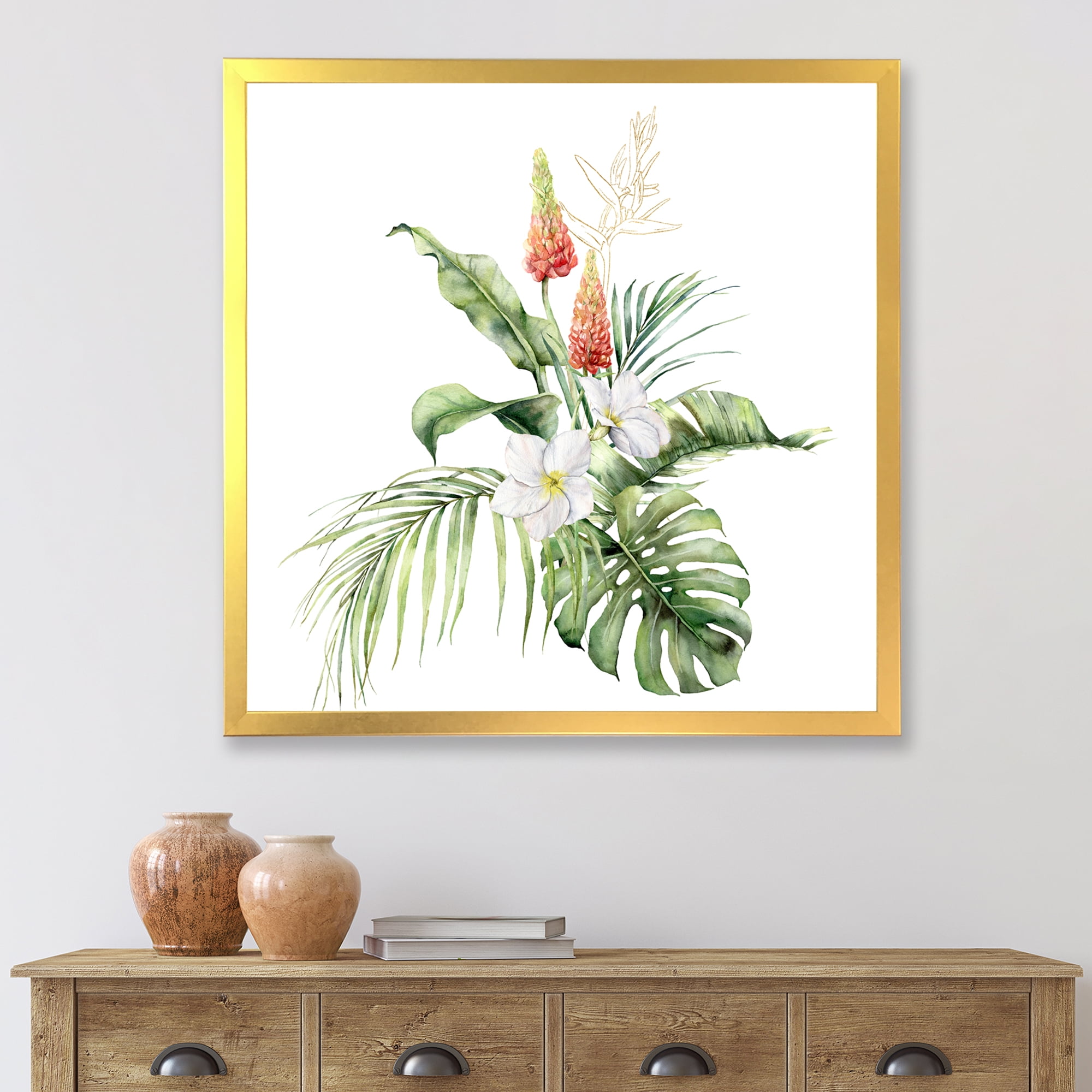 Designart 'Tropical Bouquet With Plumeria Lupine Palm Leaves' Traditional Framed Art Print