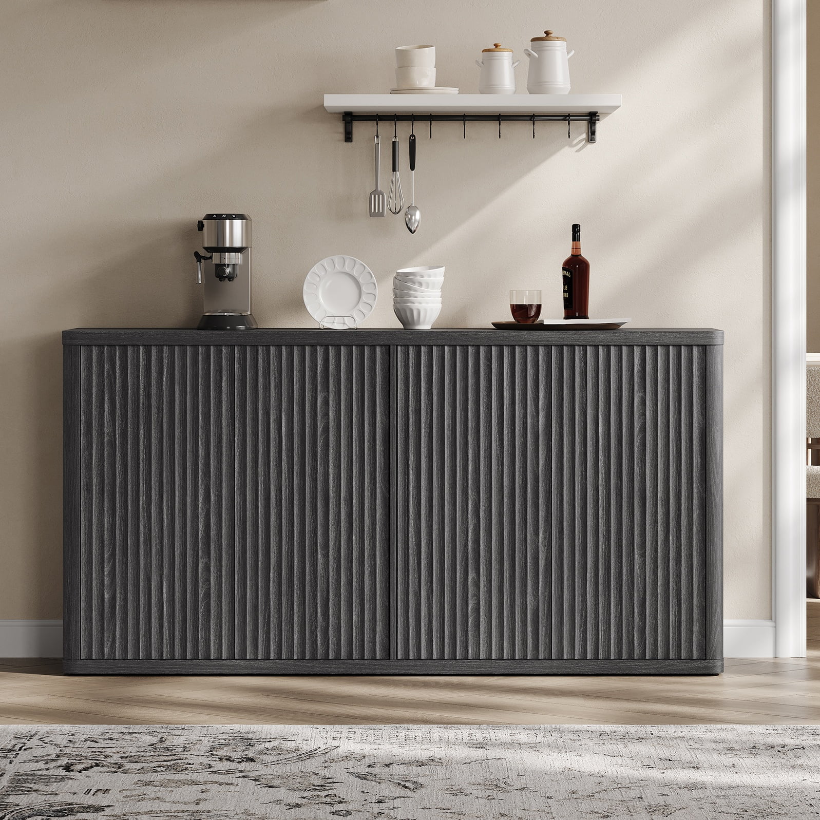 SICOTAS 66.3"W Large Kitchen Sideboard Buffet Cabinet with 4 Fluted Doors & Adjustable Shelves, Oversized Console Cabinet with Storage for Living Room, Coffee Bar Station for Dining Room, Black