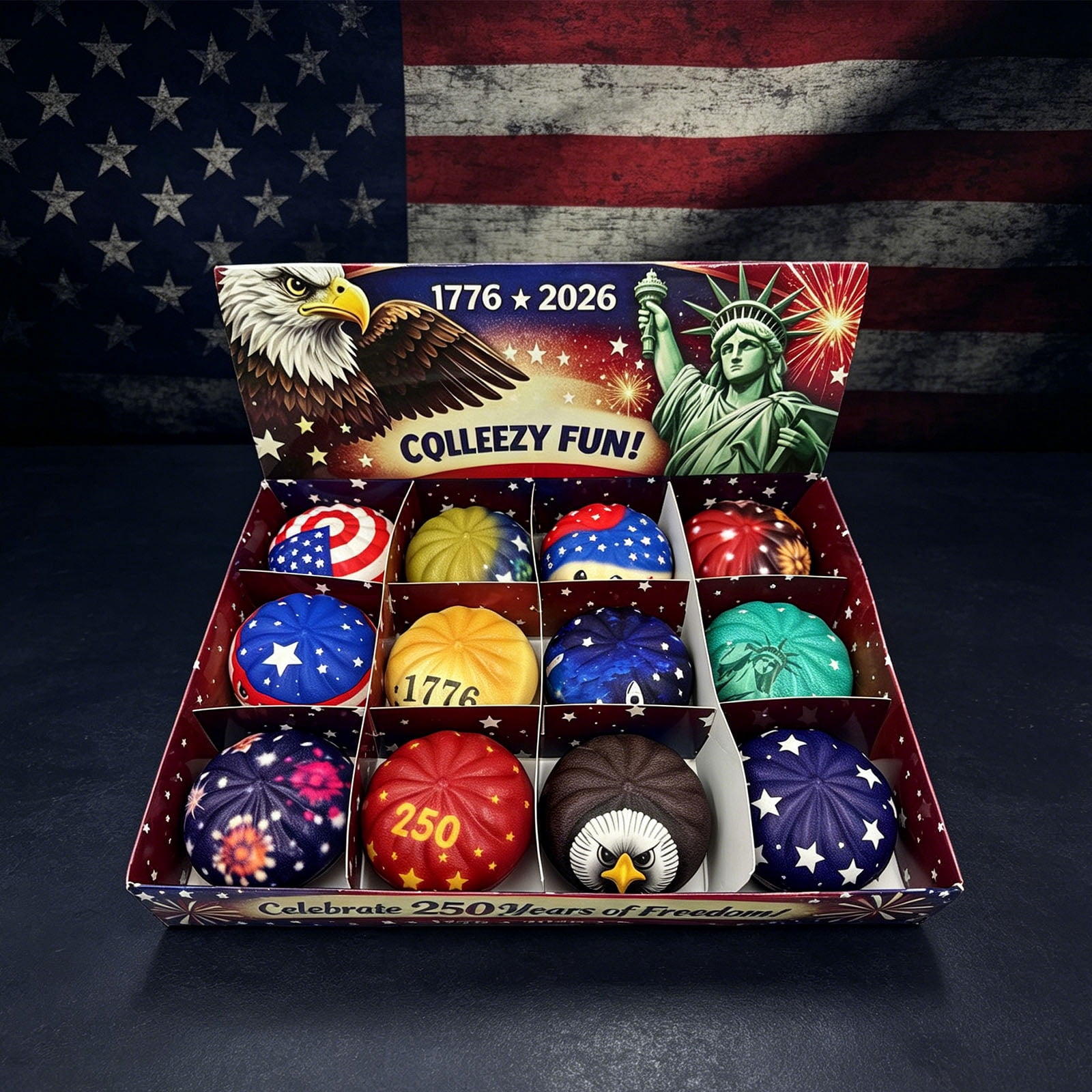 250th Anniversary Dumpling Squishys Set - 12PCS 250th Anniversary Fidget Squishys Toys, Dumpling Stress Balls, Portable Glitter Dumpling Toys, Sensory Focus Stress Relief Toys for Adults