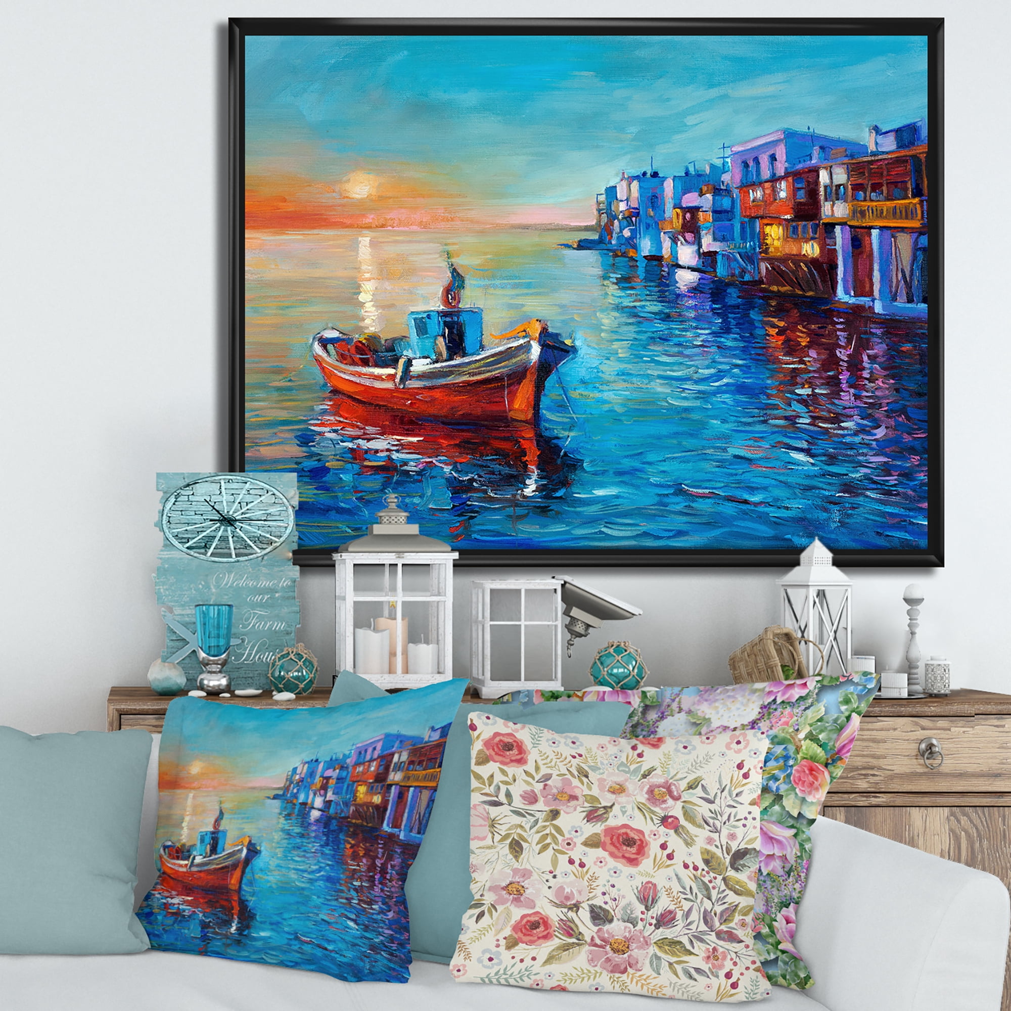 Designart 'Boats Near Coastal Town Resting On The Water I' Nautical & Coastal Framed Canvas Wall Art Print