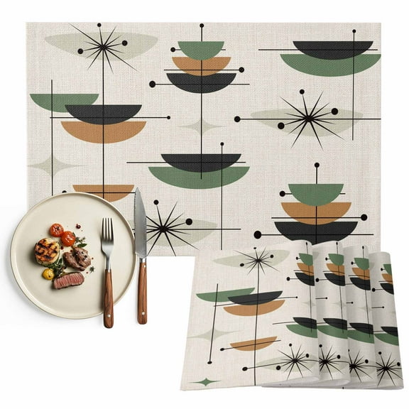 Placemats Set of 6, Boho Mid Century Place Mats Green Orange Geometric Abstract Tablemats Washable Placemat Table Decoration for Kitchen Table Dinner Party Home Decor Indoor Outdoor 13x19 Inch