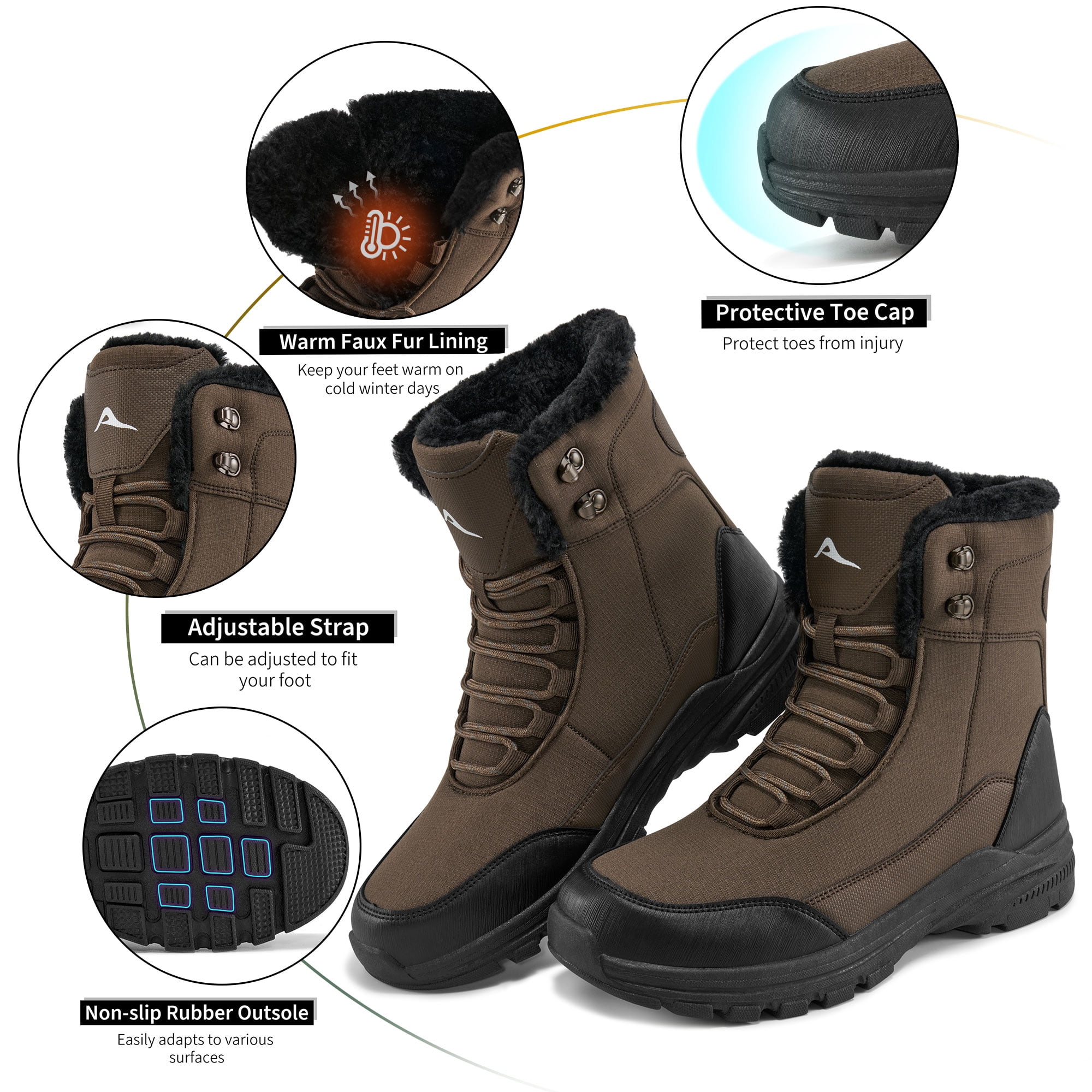 Ecetana Snow Boots for Men Winter Warm Faux Fur Lined Ankle Boots Outdoor Hiking Shoes