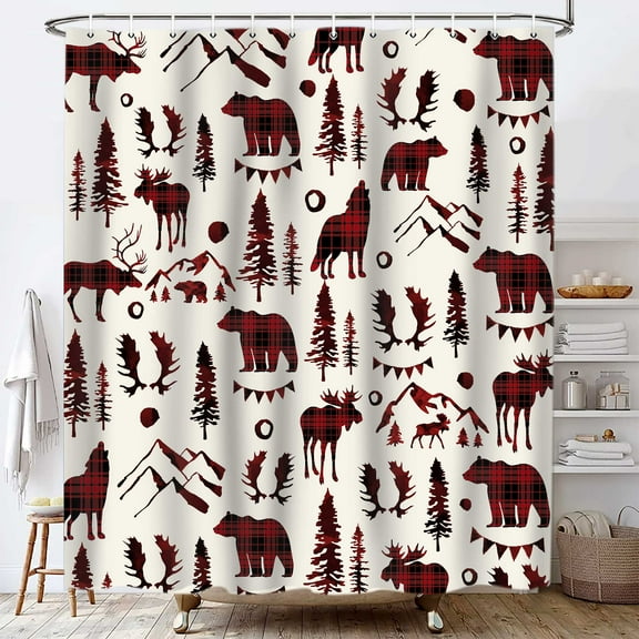 Bear Shower Curtain, Mountain Woodland Animal Shower Curtains for Bathroom Red Elk Antler Pine Tree Deer Forest Bathroom Decor with 12 Hooks 69X72inch