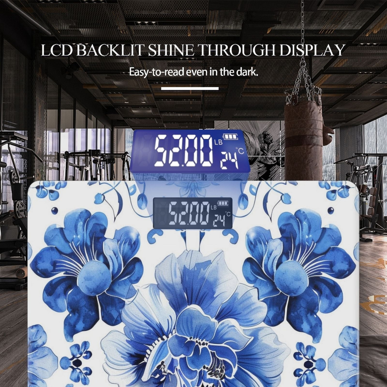 High Precision Body Weight Scale Smart Bathroom Scales with Large LCD Display(400lbs),Decorative for Bedroom-Blue And White Porcelain Pattern With Flowers