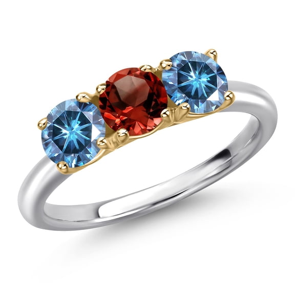Gem Stone King 925 Silver and 10K Yellow Gold Red Garnet and Persian Blue Moissanite Engagement Ring for Women | 1.55 Cttw | Round 5MM | Gemstone January Birthstone | Size 5