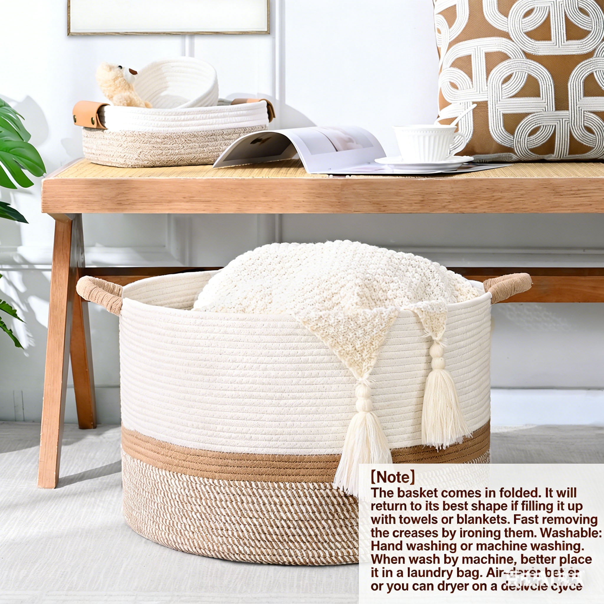 Large Blanket Basket （21“x13”）,75L Storage Basket for Organizing, Dog Toy Bin,baby laundry basket,Cotton Rope Blanket Basket for Living Room